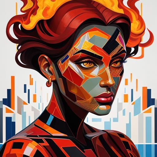 Fiery Water Woman in Cubist Art Deco Style