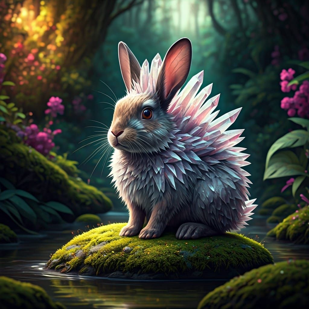 Crystalline Rabbit in Stream: Hyperrealistic Art