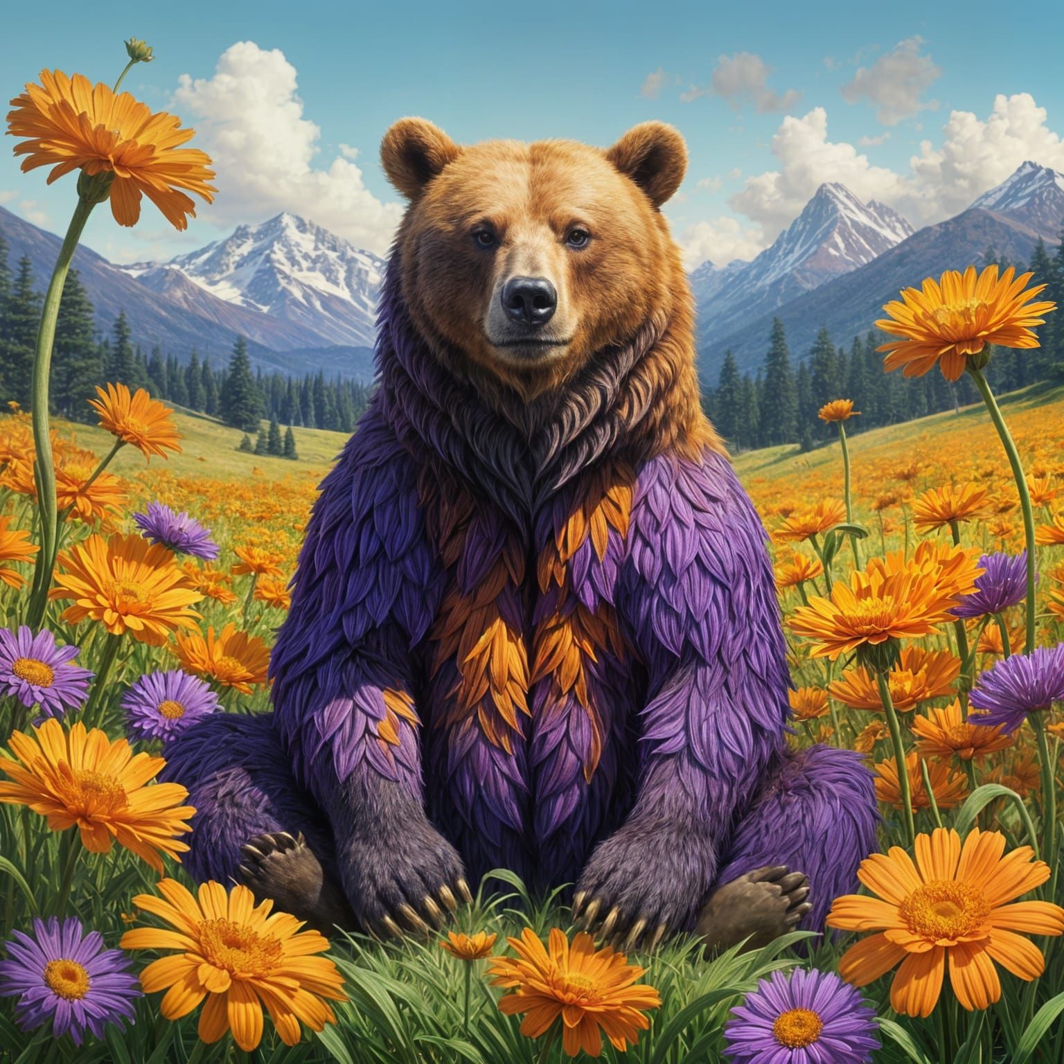 “A fantasy creature that is a hybrid between a bear and a calendula flower. The bear has bright orange calendula petals ...
