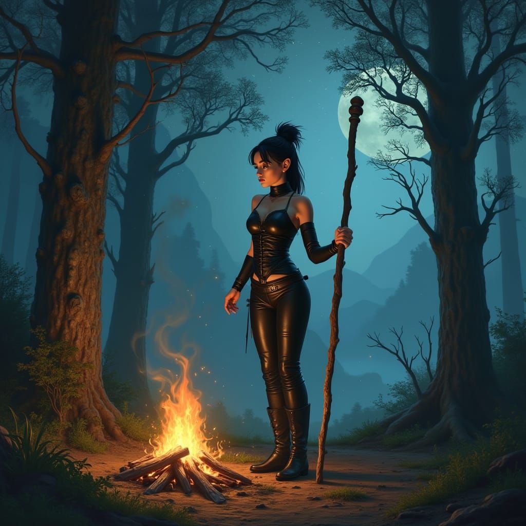 Enchanted Elf Mage in Dark Starry Night