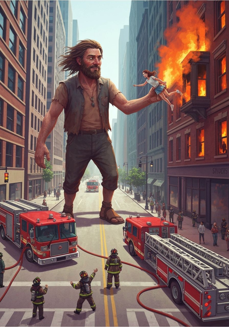 Giant Rescues Girl from Burning Building