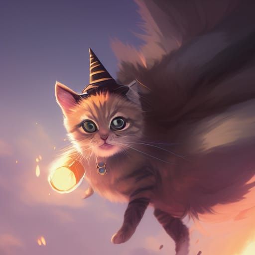Cute Kitten Wizard Flying, Anime Style