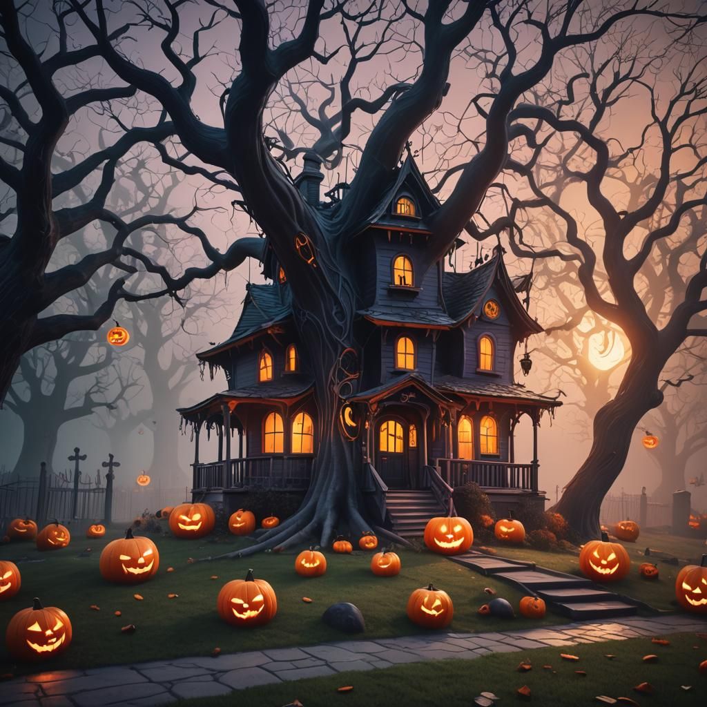 Fun Halloween House with Spooky Tree, Pixar Style