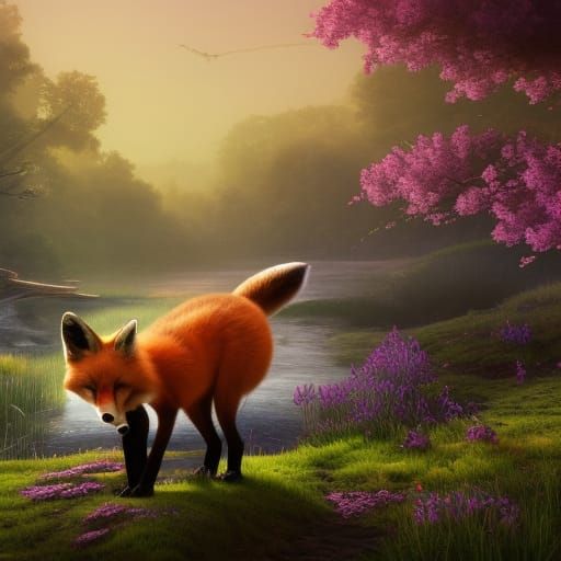 Realistic Fox in Spring Meadow at Sunrise