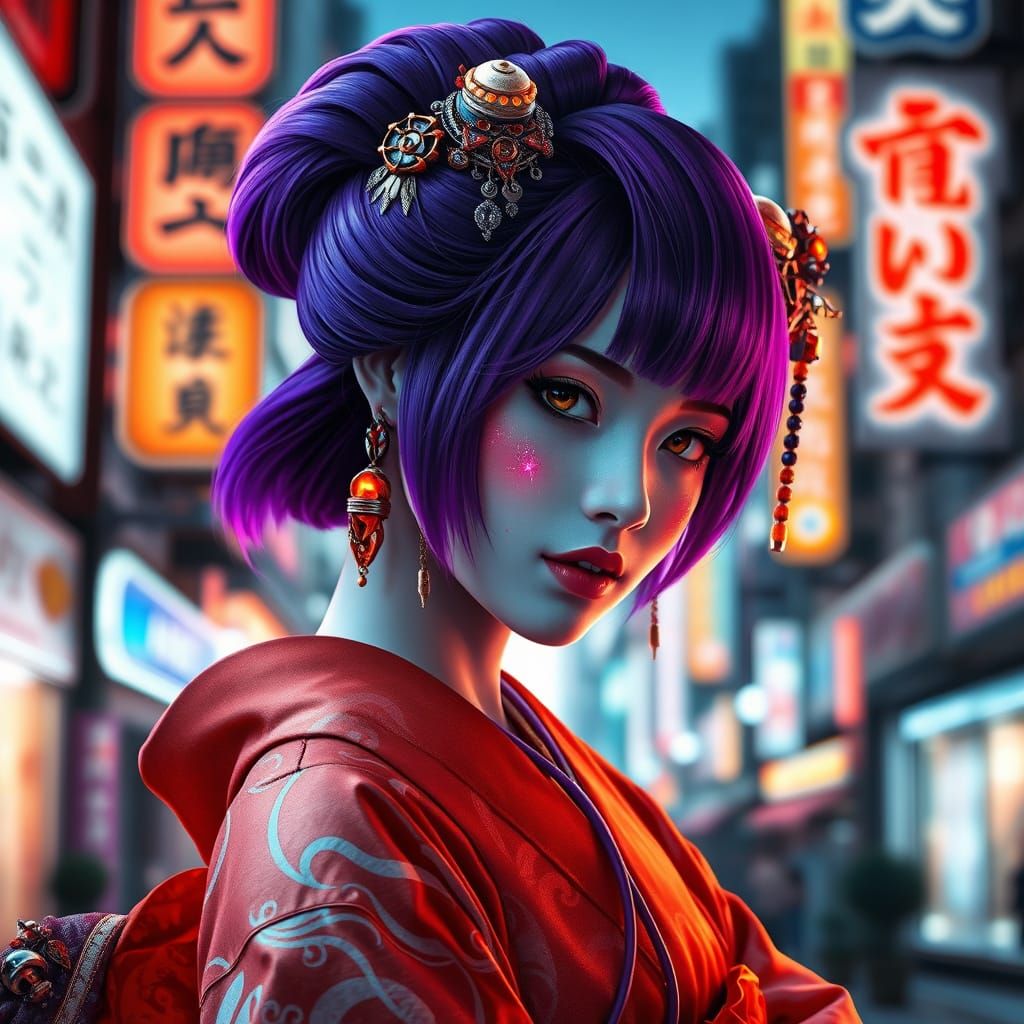 Futuristic Geisha in Neon Tokyo: Cyberpunk Portrait