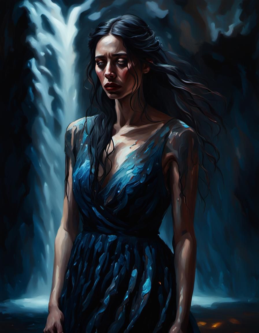 Sad Woman Crying in Dark Room as Oil Painting