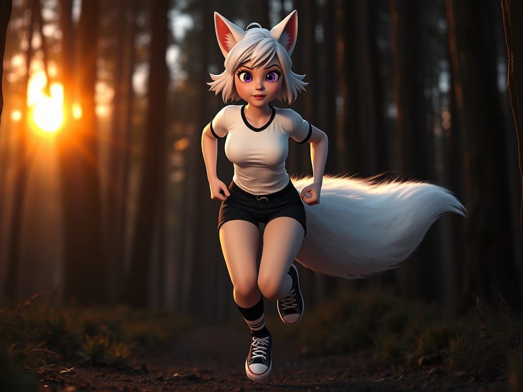 Woman with Cat Ears Running in Forest, as 3D Art