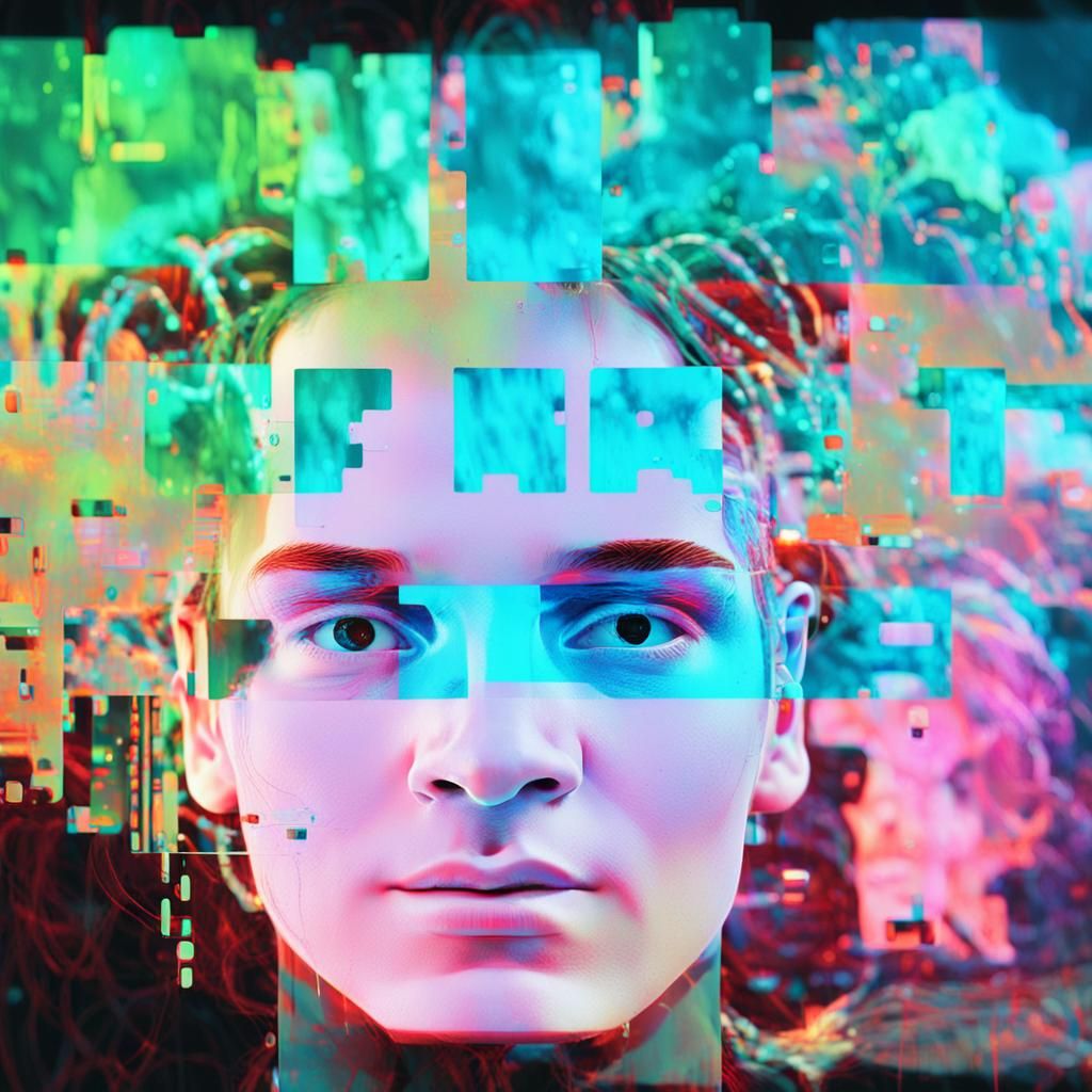 Cyberpunk Face Consumed by Swirling Code