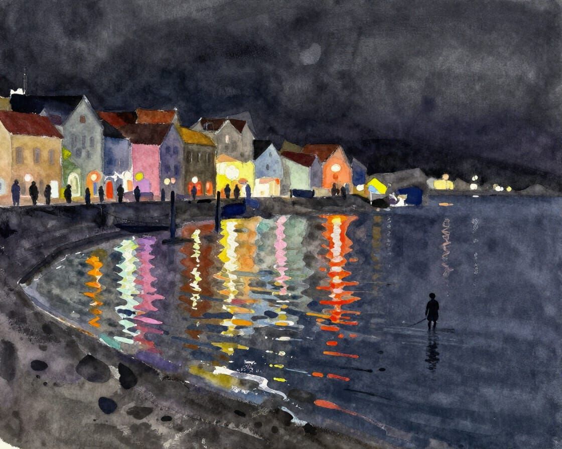 Vibrant Watercolor Night Harbor with Neon Reflections