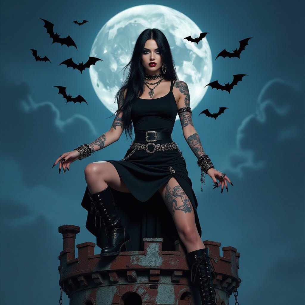 Gothic Woman on Rusty Tower at Night