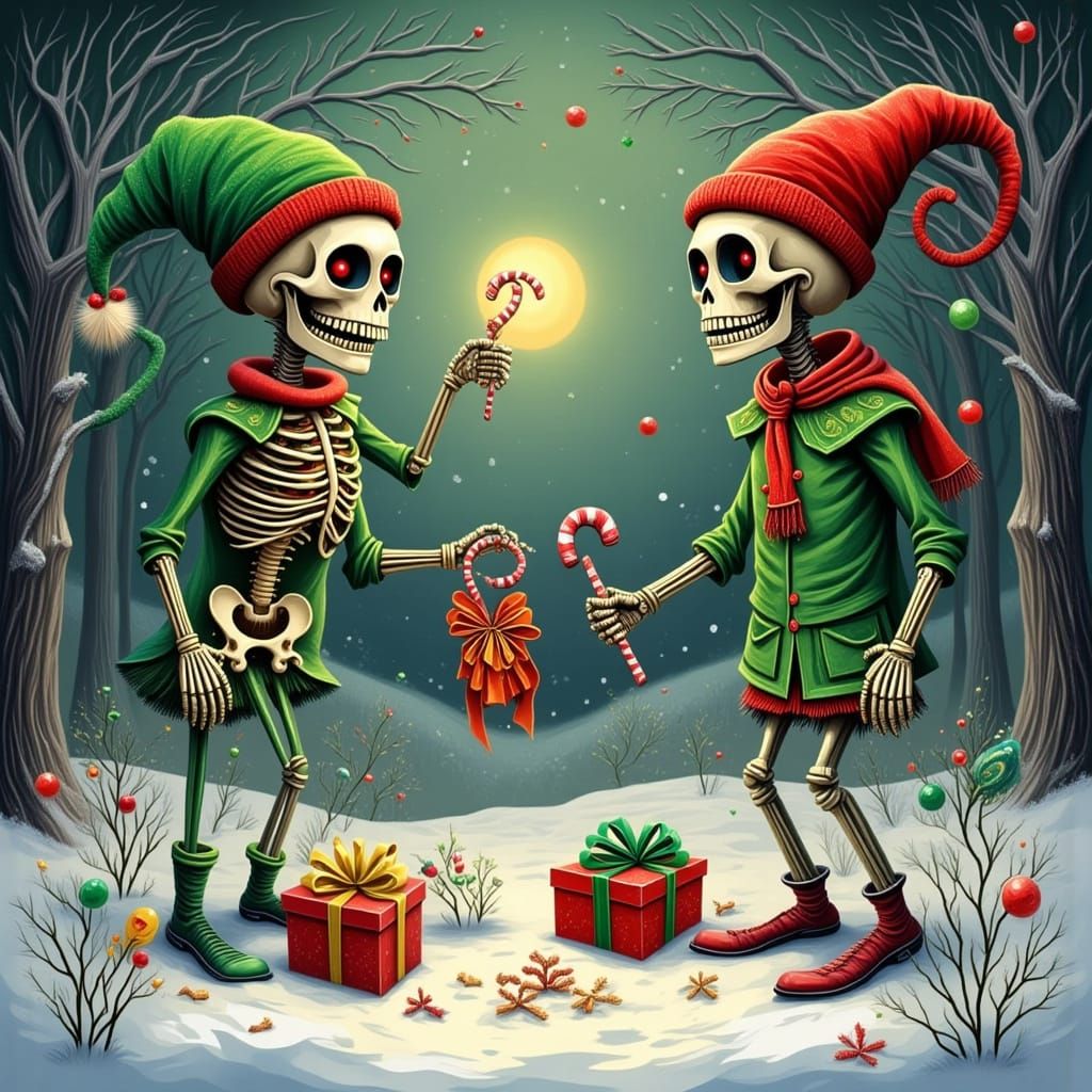 Skeleton Christmas Elves in Snowy Forest