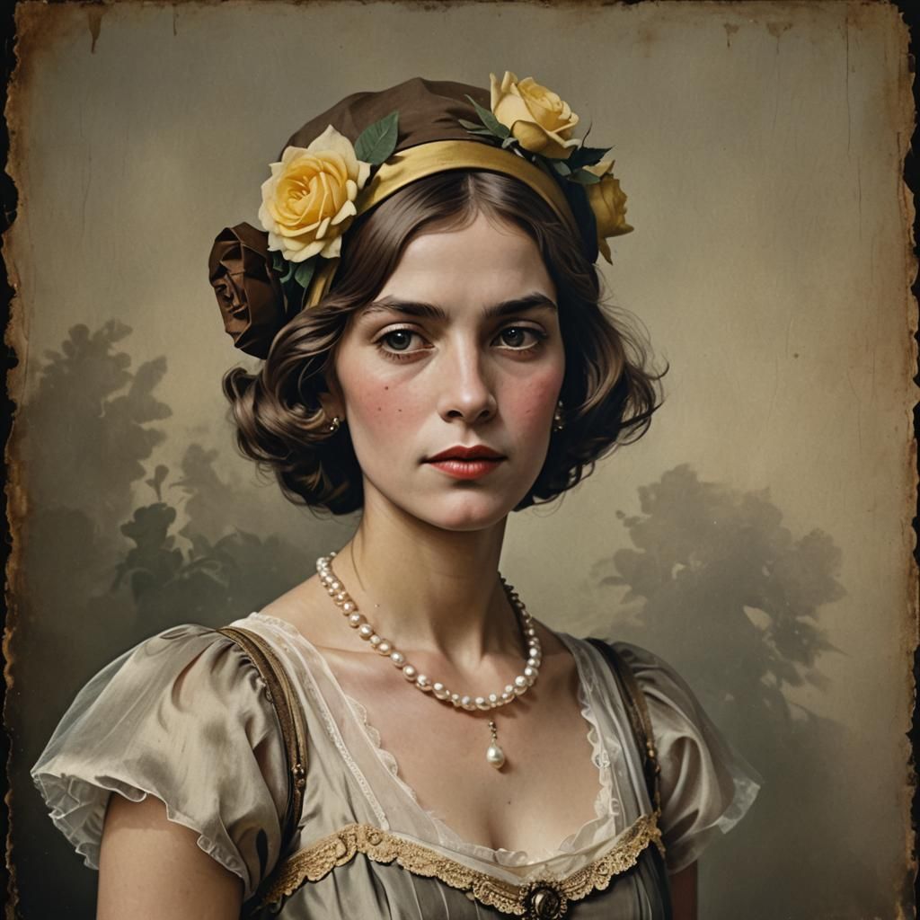 Vintage Portrait of Woman with Roses, Matte Painting