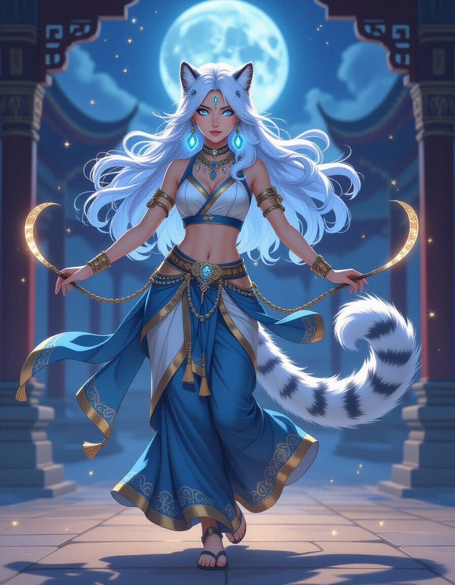 Graceful Snow Leopard Woman Dancing in Temple Courtyard
