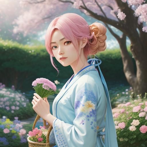 Girl in Garden with Flowers: Anime Art