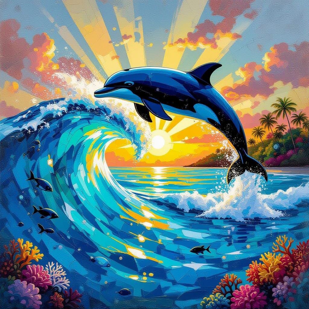 Dolphin Silhouette in Crashing Wave Oil Painting