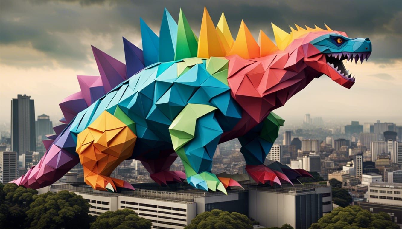 Colorful Origami Godzilla over Japan: Photorealistic HDR