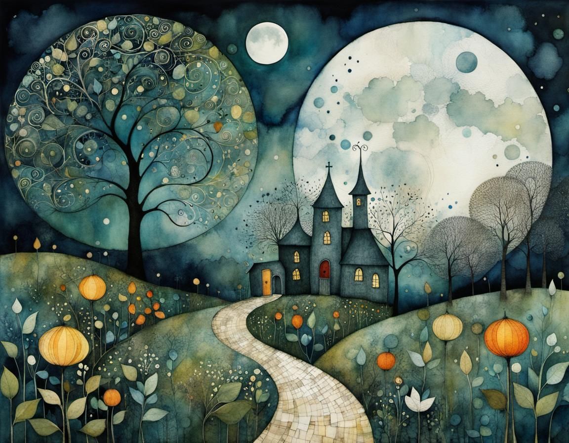 Magical Garden Under Moon: Whimsical Folk Art