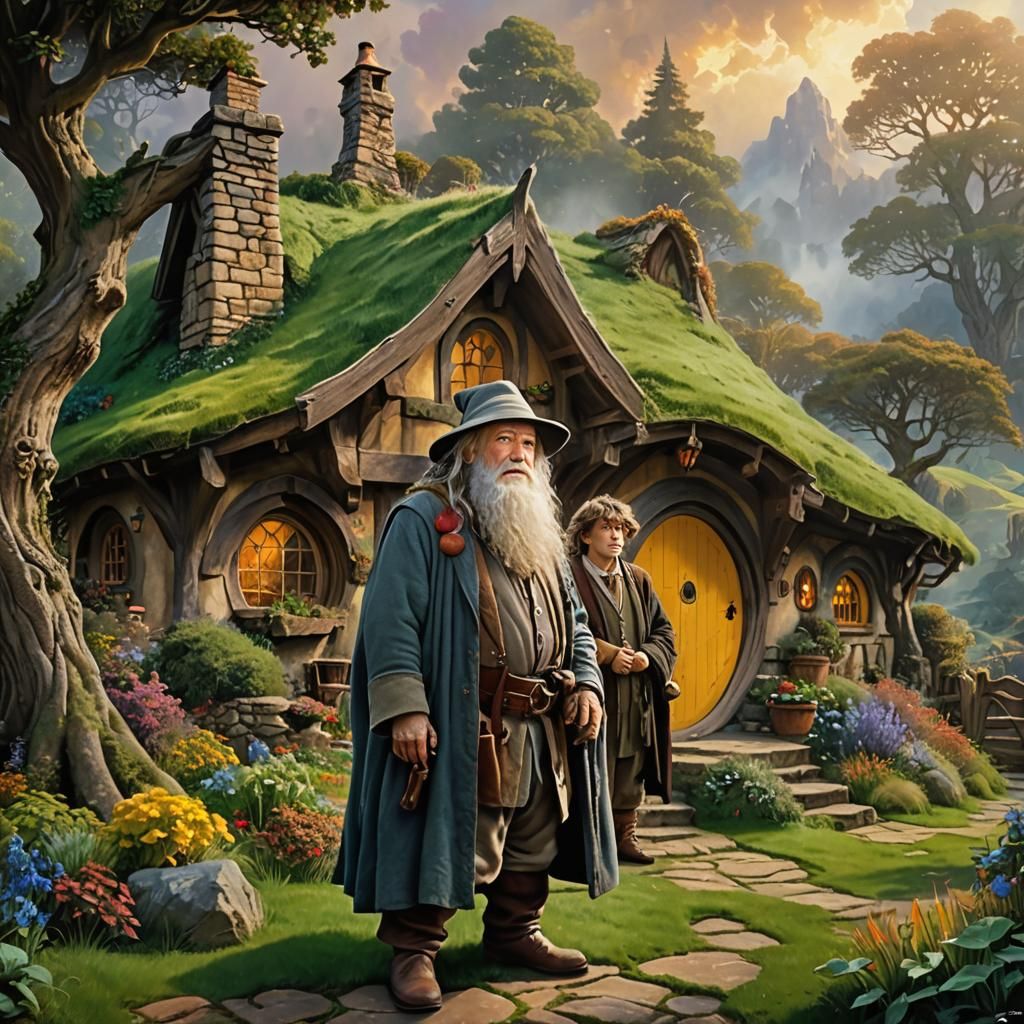 Bilbo and Gandalf in the Shire: Gouache Style