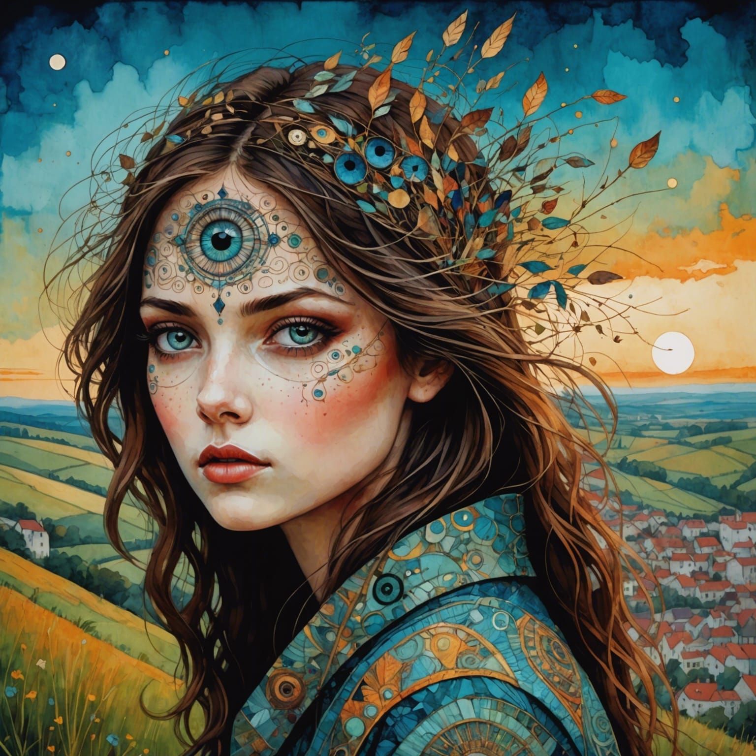 Girl on Windy Hill in Art Brut Style