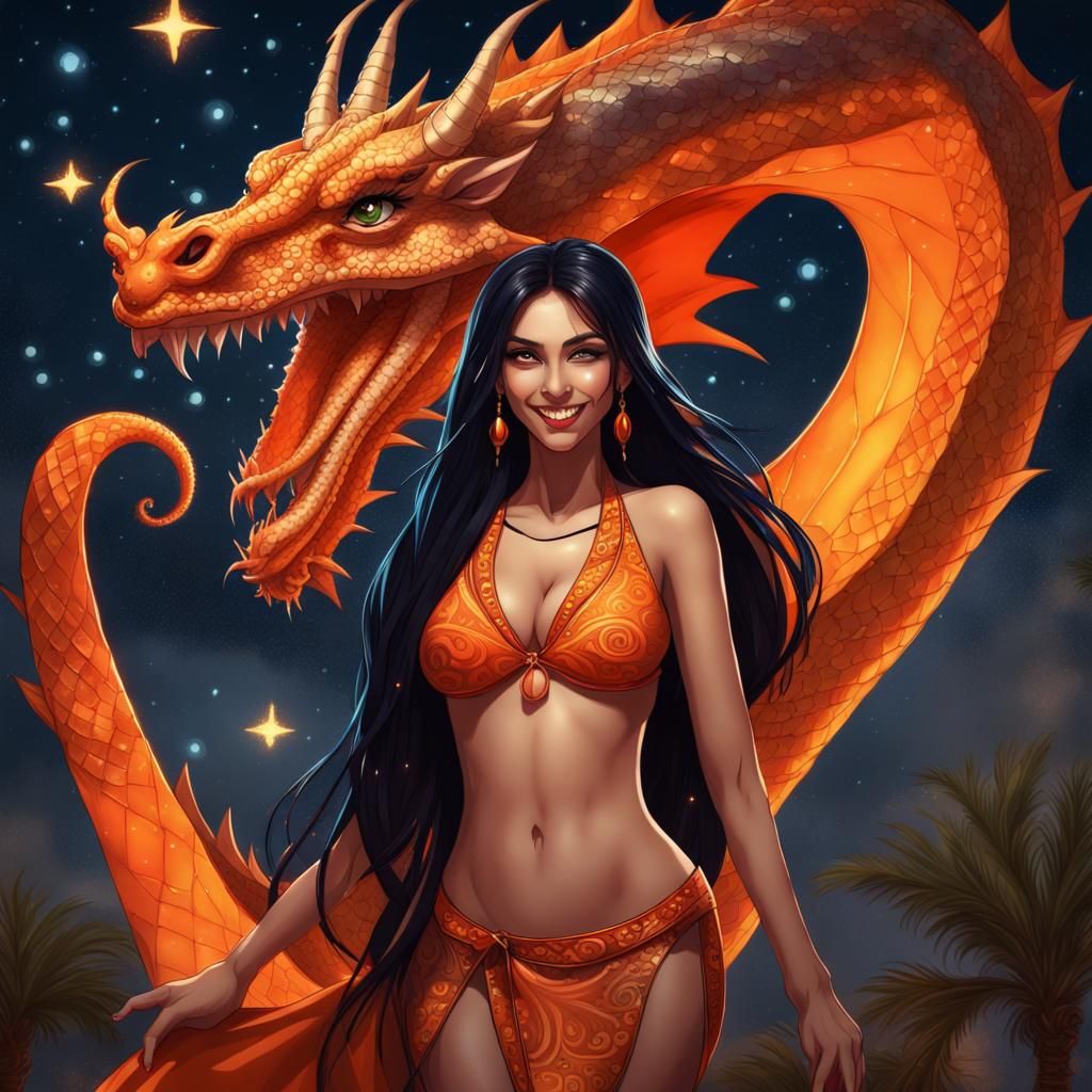 Arabian Girl and Dragon Under Starry Night
