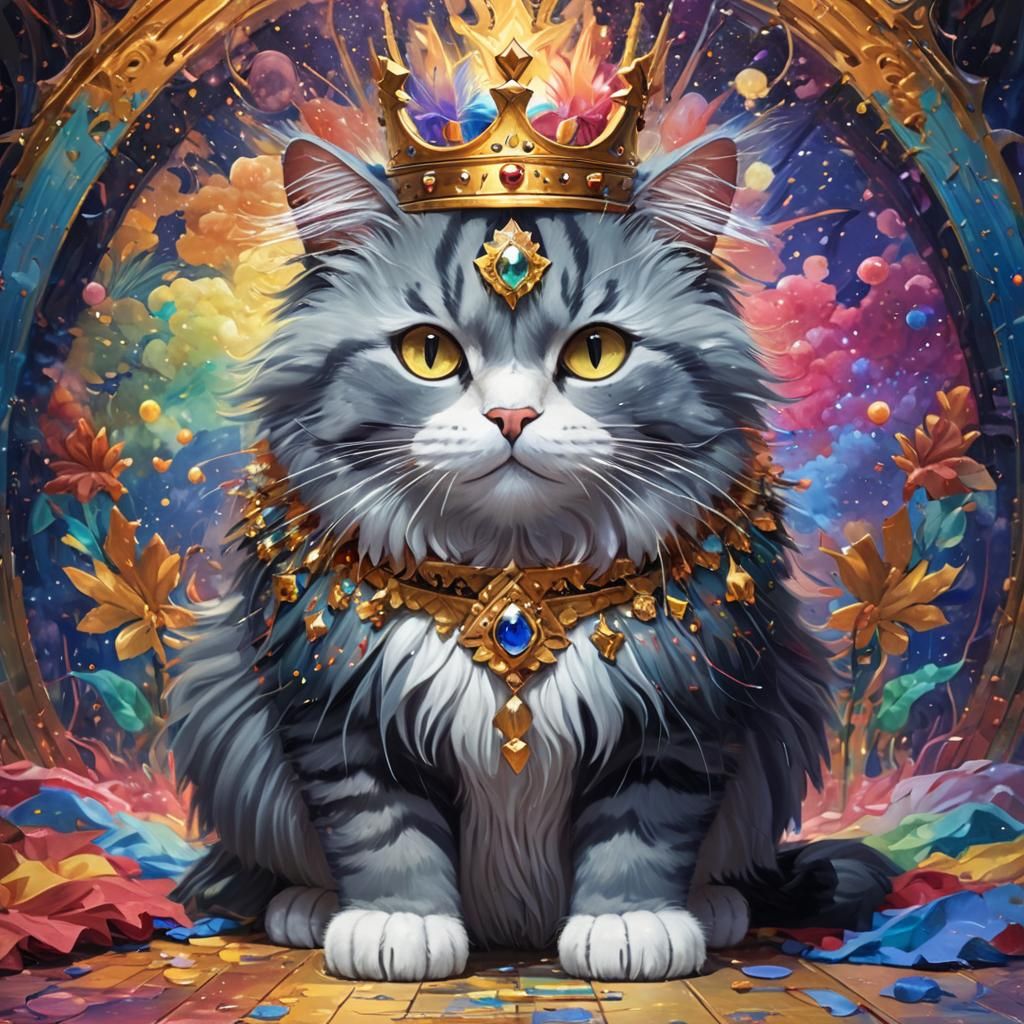 Fluffy Cat King in Neo-Impressionistic Style