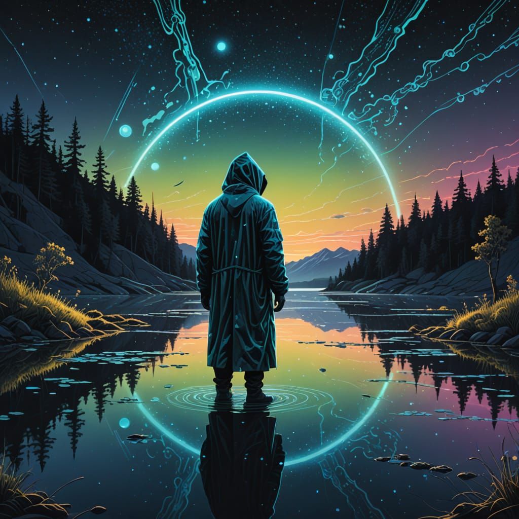 Ethereal Figure on Luminous Lake in Dreamlike Digital Art