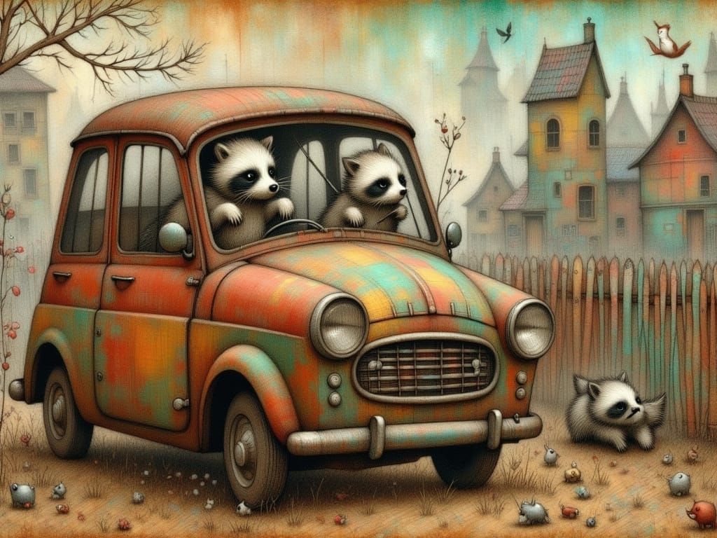 Whimsical Raccoons Play in a Vintage Car