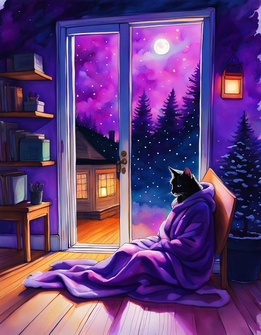 Ethereal Girl and Cat: Watercolor Night Scene