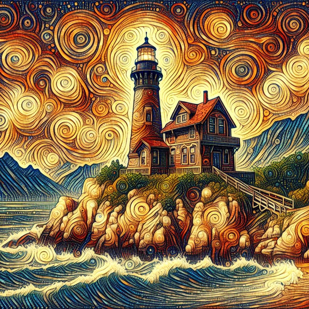 Lighthouse Postage Stamp in Oil on Canvas Style