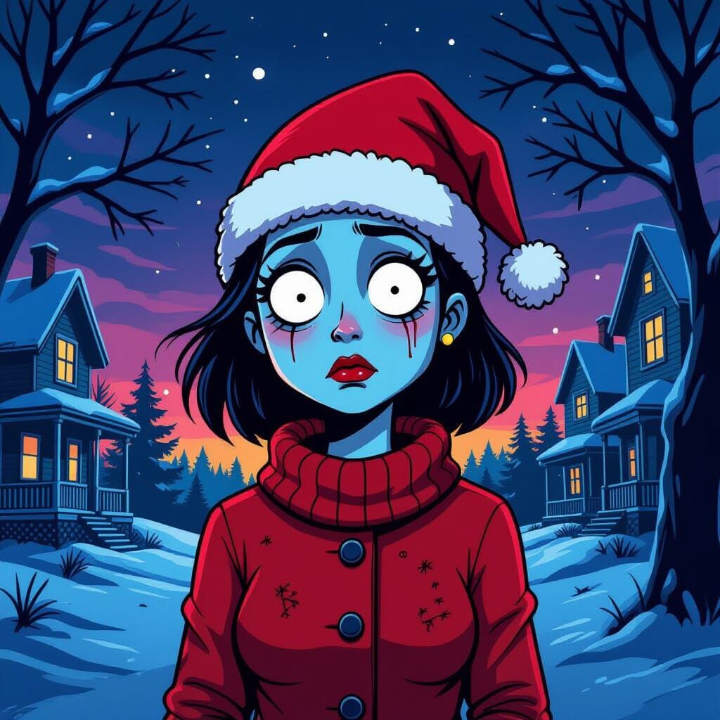 Terrifying Christmas Scene in Dark Cartoon Style