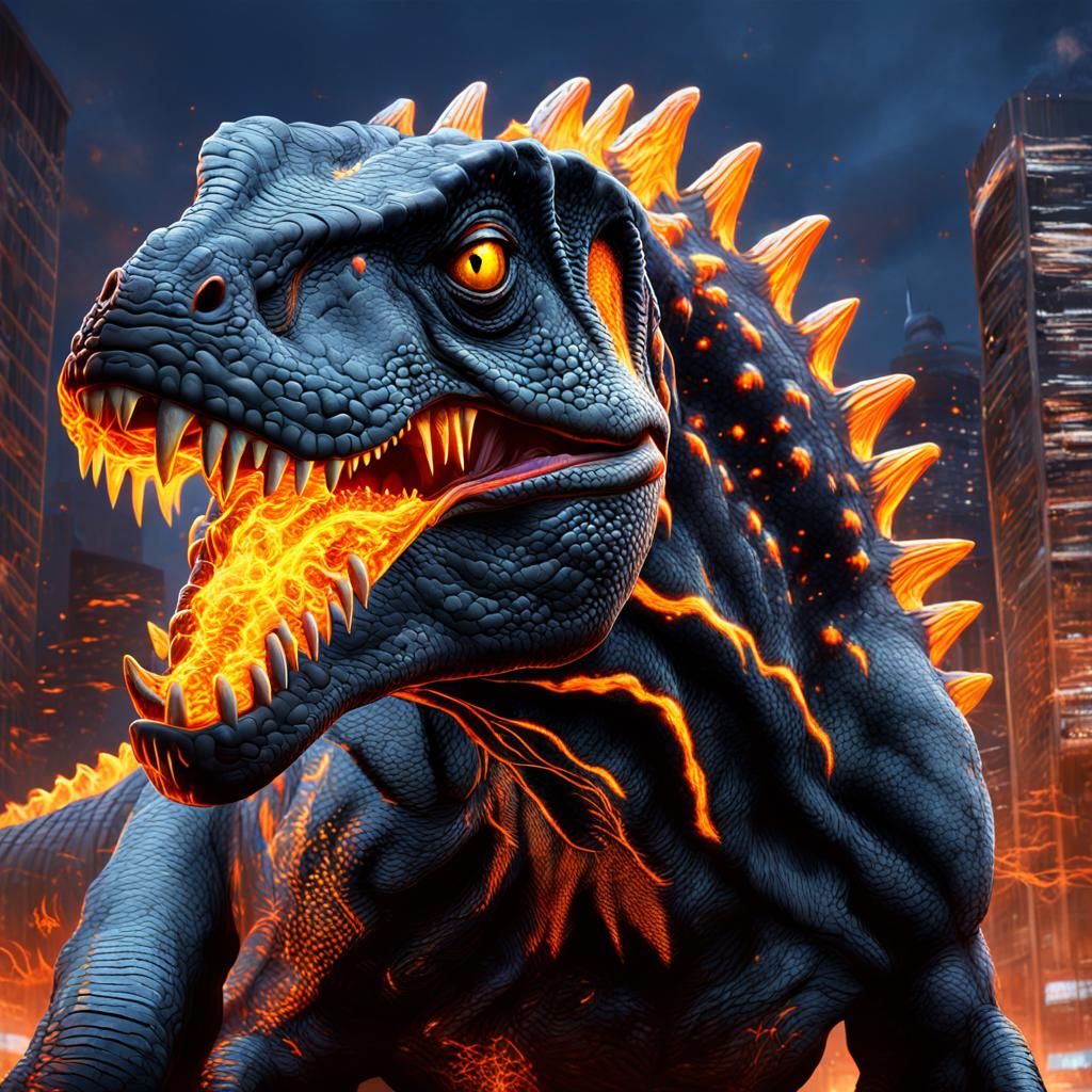 Godzilla in Burning City: Hyperrealistic Splash Art
