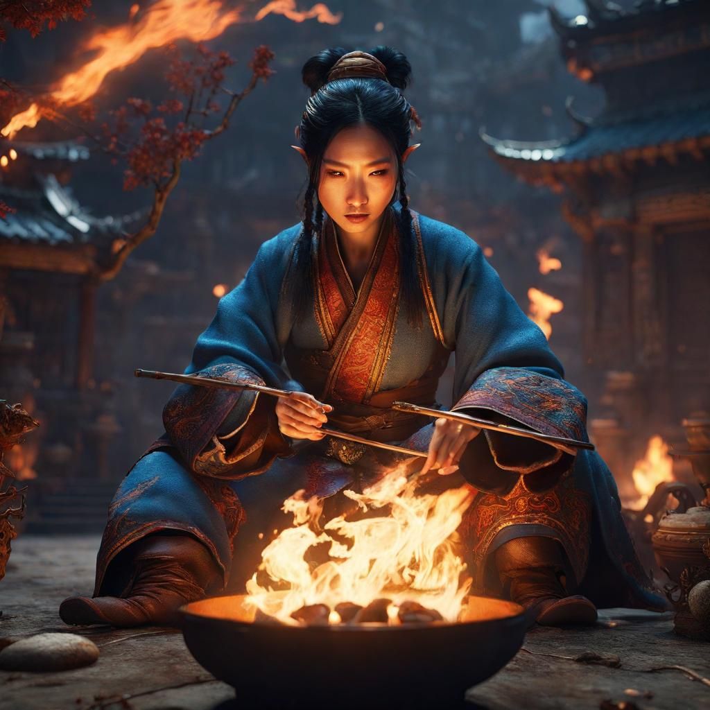 Hyper-Detailed Asian Storyteller Beside Fire