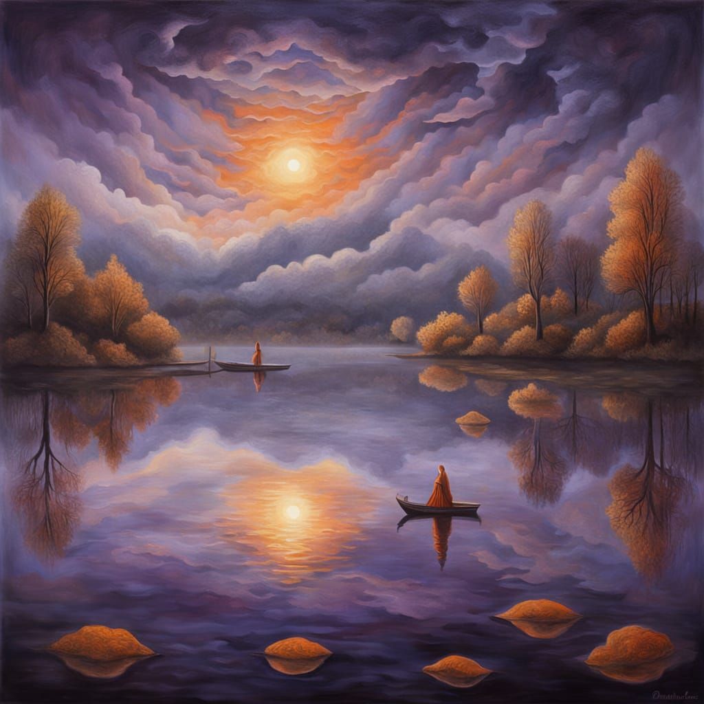 Surreal Lake Reflection at Sunset in Remedios Varo Style