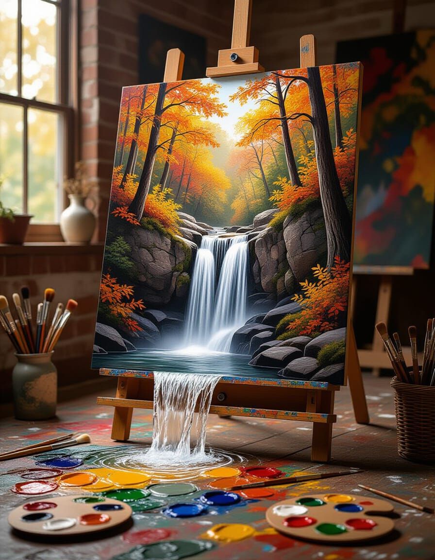 Surreal Autumn Waterfall Painting Spills Onto Studio Floor