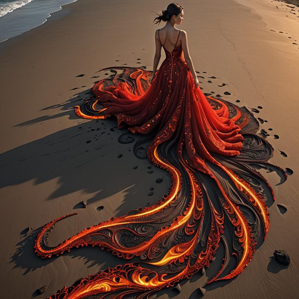 Lava Dress Flowing onto Beach in String Art Style