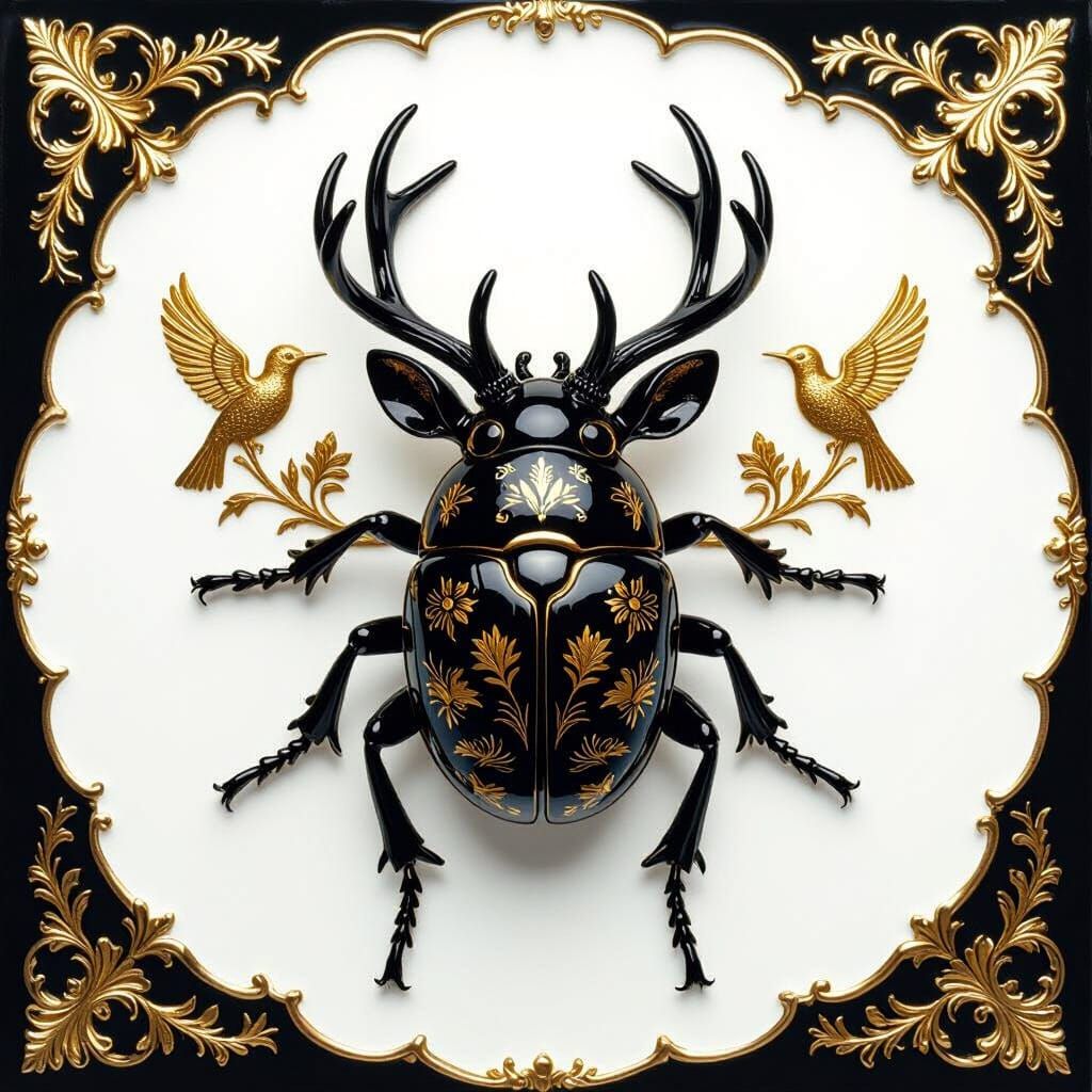 Gold and Black Porcelain Beetle in Hyperrealistic Macro