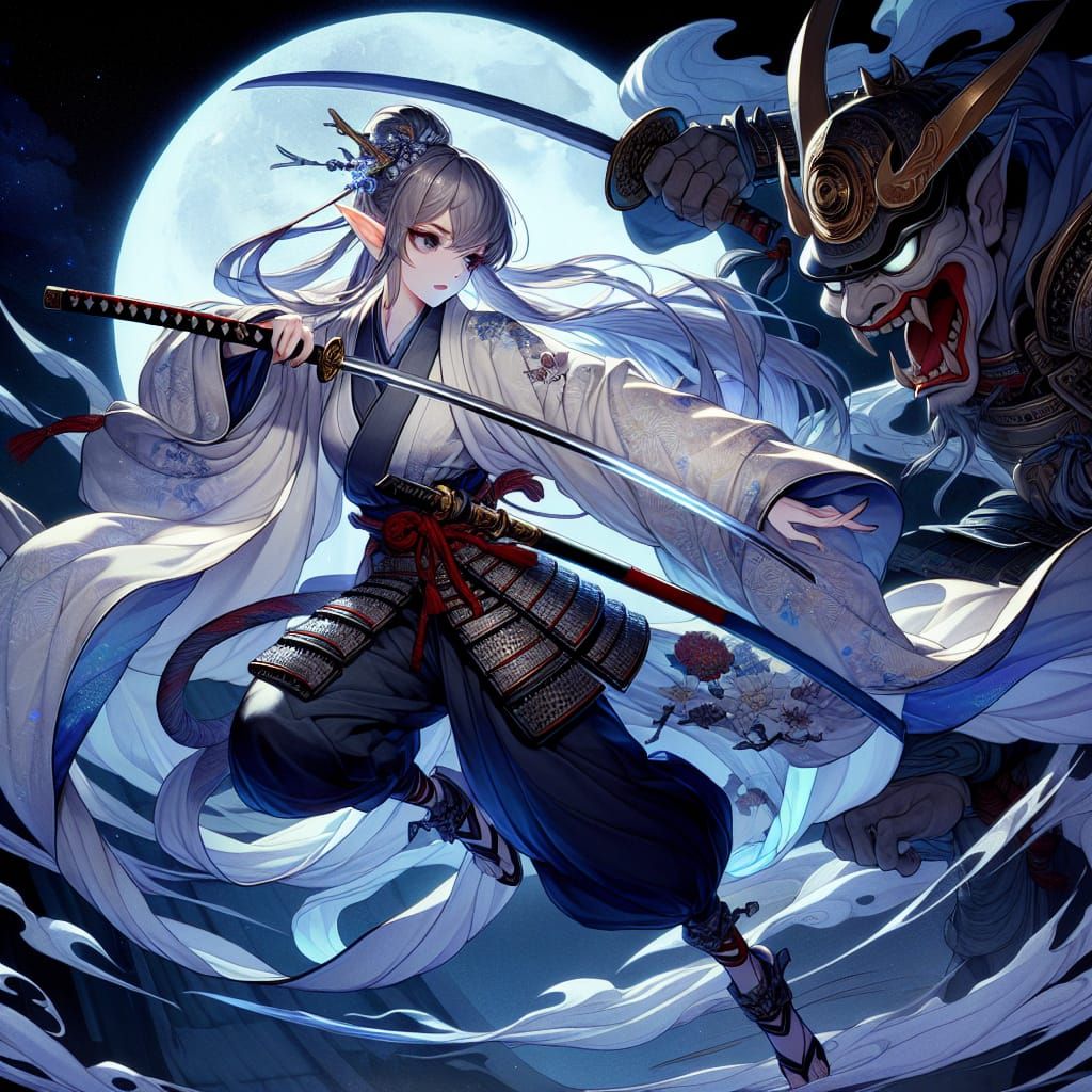 Night Elf Samurai Battling Demon in Manga Style