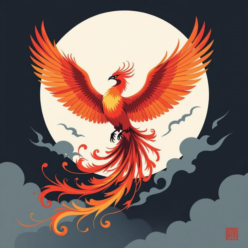 Majestic Phoenix Rises from Ashes in Minimalist Ink Wash Sty...