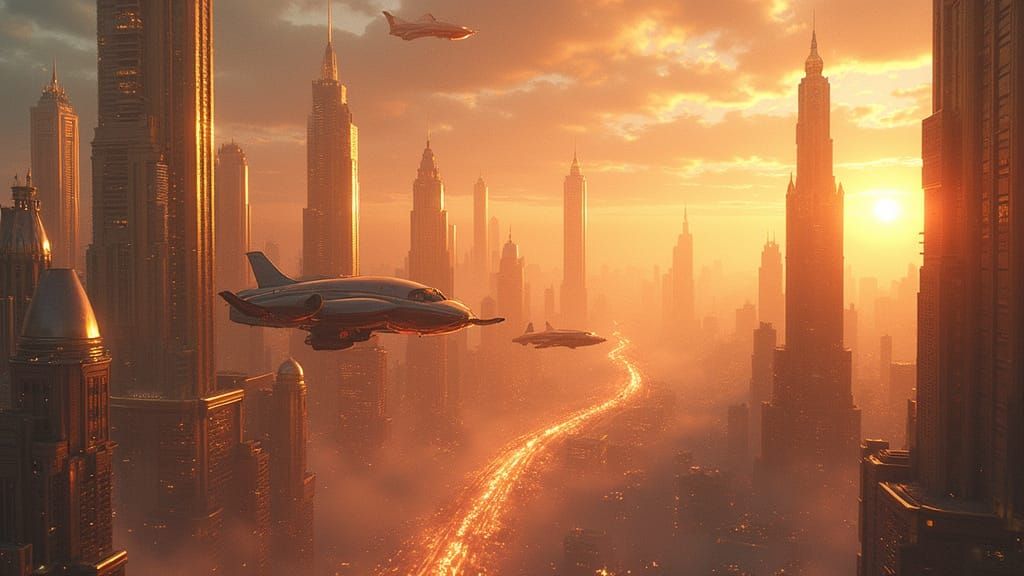 Golden Futuristic Metropolis at Sunset