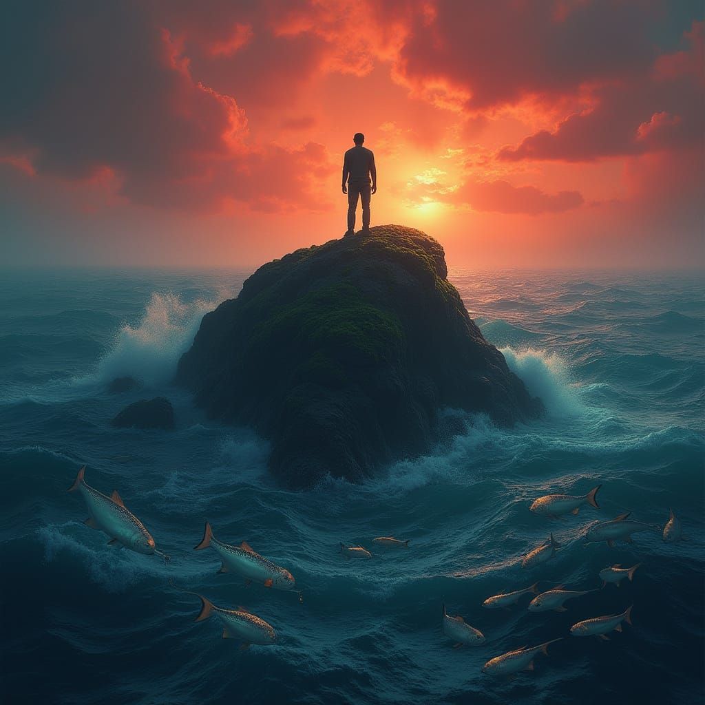 Mysterious Oceanic Encounter in Fiery Twilight