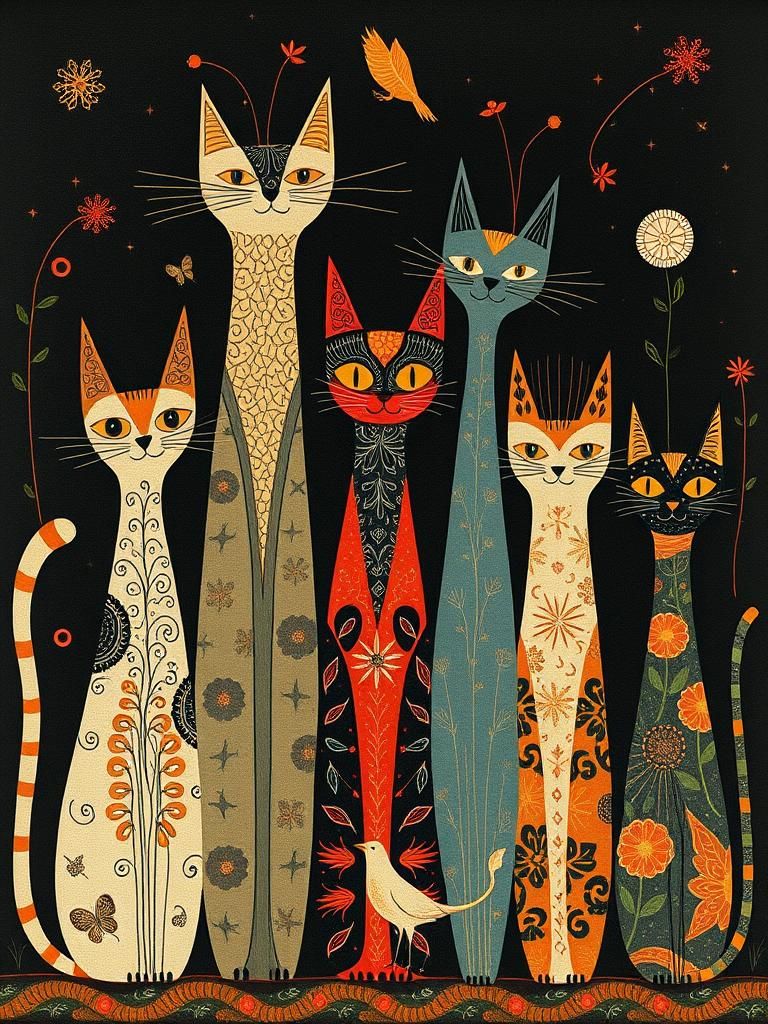 Whimsical Abstract Cats with Bird Textile Print