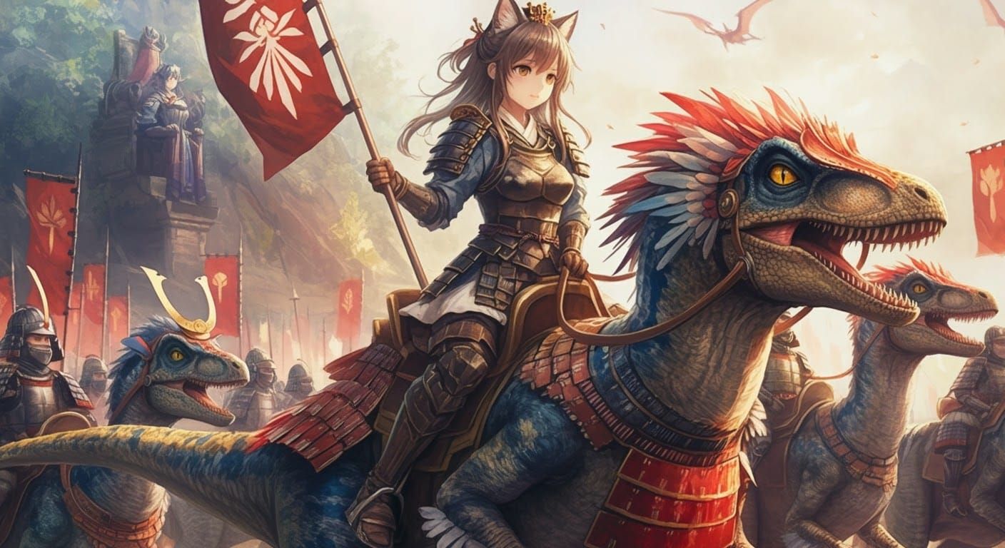 Anime Catgirl Rides Armored Velociraptor in Digital Art