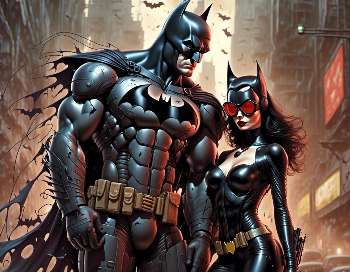 Batman and Catwoman in Cyberpunk Post-Apocalyptic Future