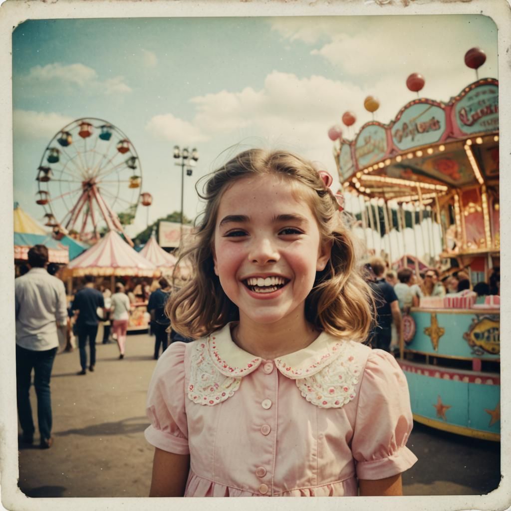 Fairground Ride Polaroid with Girl Eating Candy Floss