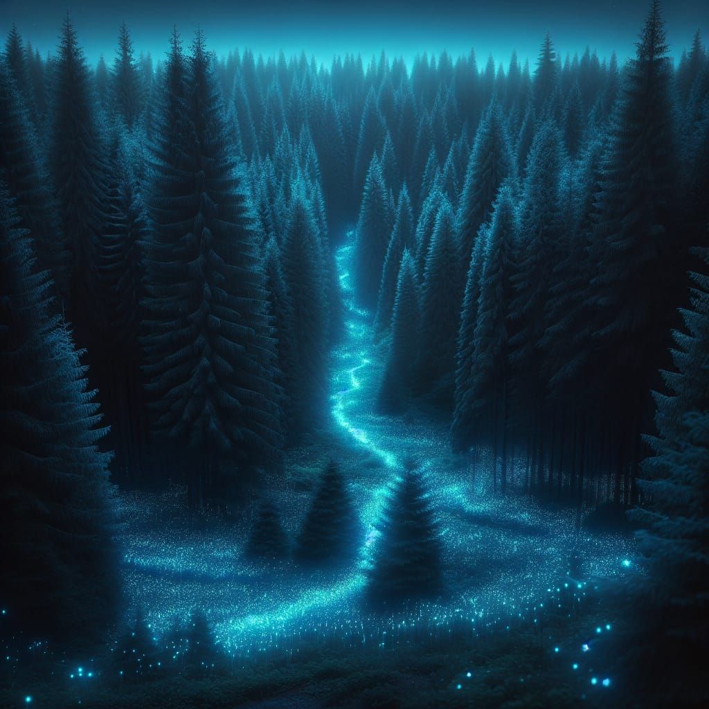 Bioluminescent Path Through Aromatic Forest at Night