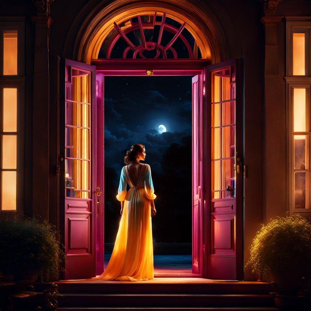Woman in Nightgown at Georgian Mansion, Digital Matte Painti...