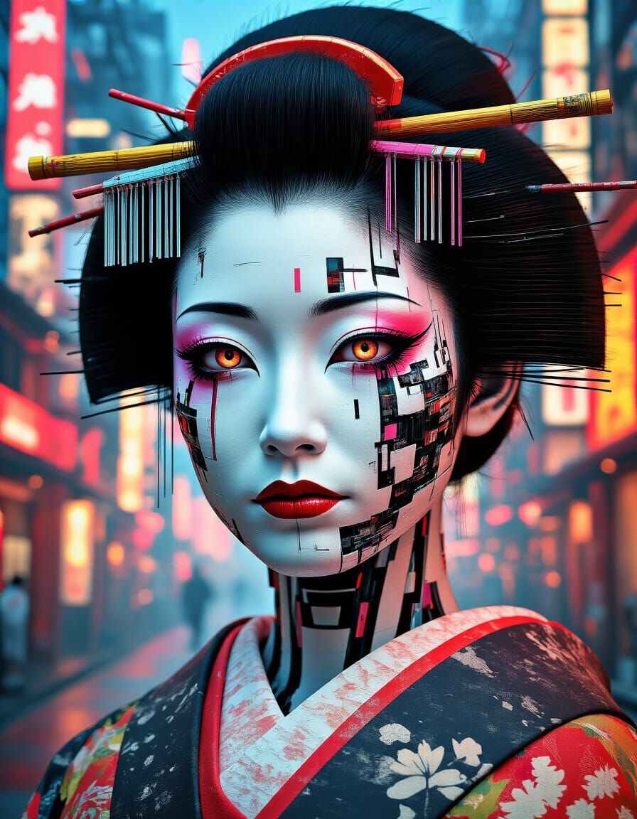 Cyborg Geisha in Glitch Art Style