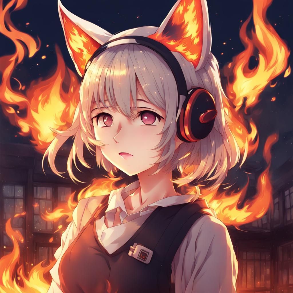 Anime Girl with Cat Ears in Flames