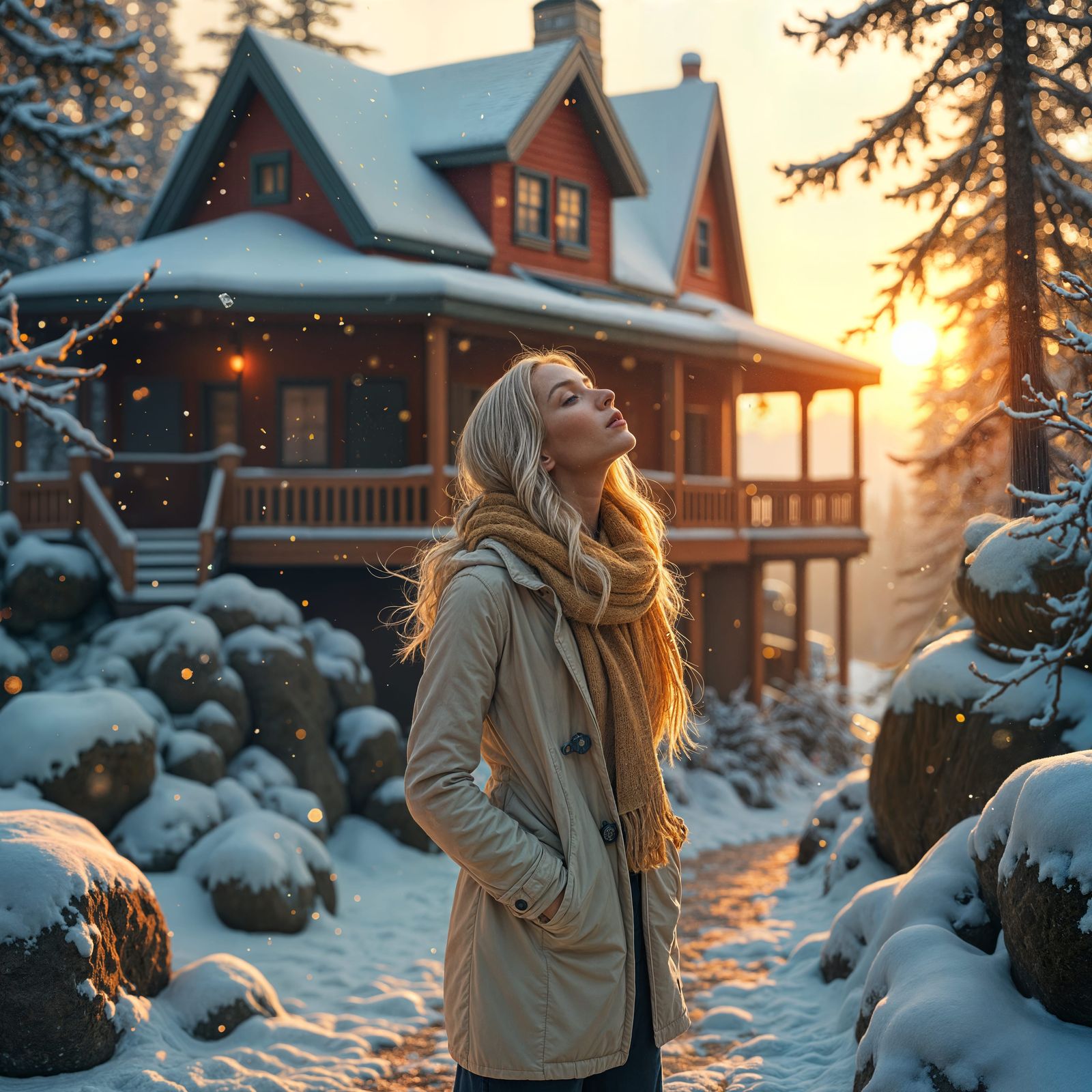 Blonde Woman in Snow, Russ Mills Style Ink Art