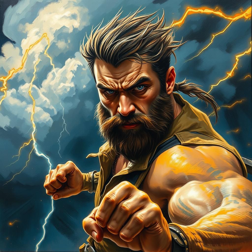 Action Hero in Storm, Impasto Oil Painting